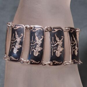 Vintage Siam Sterling Enamel Bracelet Niello 32g